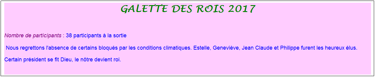Zone de Texte: galette des rois 2017
&nbsp;
Nombre de participants : 38 participants � la sortie&nbsp;&nbsp; 
&nbsp;Nous regrettons l'absence de certains bloqu�s par les conditions climatiques. Estelle, Genevi�ve, Jean Claude et Philippe furent les heureux �lus. 
Certain pr�sident se fit Dieu, le n�tre devient roi.
&nbsp;
&nbsp;
