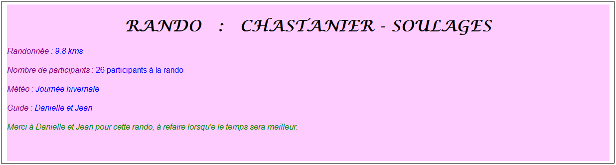 Zone de Texte: rando&nbsp; :&nbsp; Chastanier - soulages
Randonn�e : 9.8 kms
Nombre de participants : 26 participants � la rando 
M�t�o : Journ�e hivernale
Guide : Danielle et Jean
Merci � Danielle et Jean pour cette rando, � refaire lorsqu'e le temps sera meilleur.
&nbsp;
