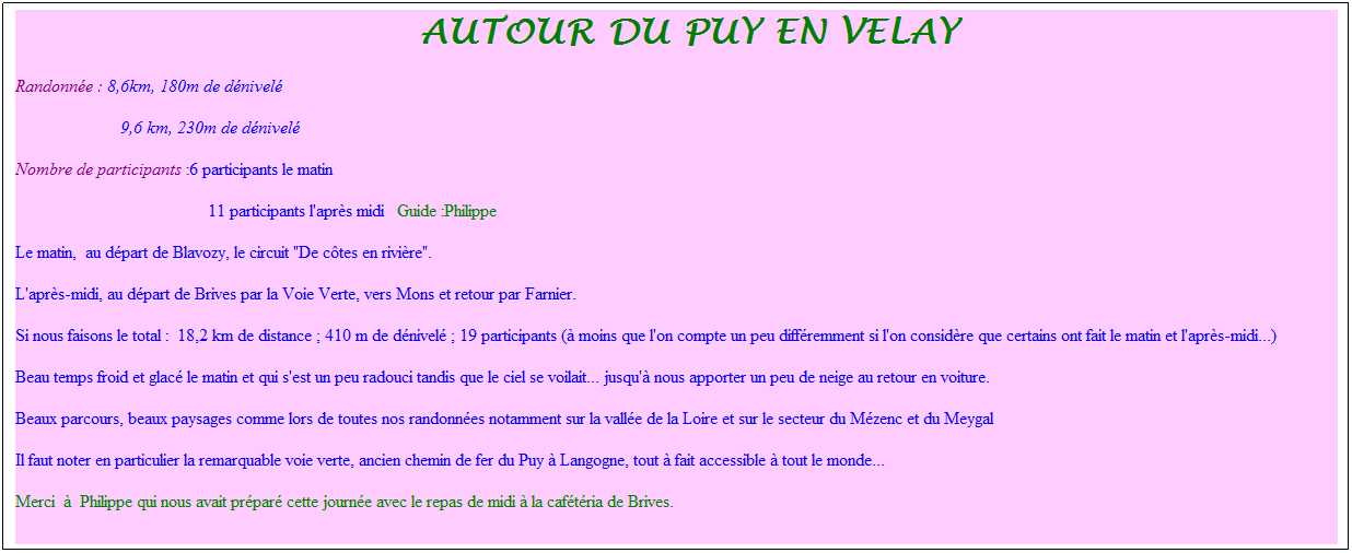 Zone de Texte: &nbsp;autour du puy en velay
Randonn�e : 8,6km, 180m de d�nivel�&nbsp;&nbsp;&nbsp;
&nbsp;&nbsp;&nbsp;&nbsp;&nbsp;&nbsp;&nbsp;&nbsp;&nbsp;&nbsp;&nbsp;&nbsp;&nbsp;&nbsp;&nbsp;&nbsp;&nbsp;&nbsp;&nbsp;&nbsp;&nbsp;&nbsp;&nbsp; 9,6 km, 230m de d�nivel�
Nombre de participants :6 participants le matin
&nbsp;&nbsp;&nbsp;&nbsp;&nbsp;&nbsp;&nbsp;&nbsp;&nbsp;&nbsp;&nbsp;&nbsp;&nbsp;&nbsp;&nbsp;&nbsp;&nbsp;&nbsp;&nbsp;&nbsp;&nbsp;&nbsp;&nbsp;&nbsp;&nbsp;&nbsp;&nbsp;&nbsp;&nbsp;&nbsp;&nbsp;&nbsp;&nbsp;&nbsp;&nbsp;&nbsp;&nbsp;&nbsp;&nbsp;&nbsp;&nbsp;&nbsp;&nbsp; 11 participants l'apr�s midi&nbsp;&nbsp; Guide :Philippe
Le matin,&nbsp; au d�part de Blavozy, le circuit "De c�tes en rivi�re".
L'apr�s-midi, au d�part de Brives par la Voie Verte, vers Mons et retour par Farnier.
Si nous faisons le total :&nbsp; 18,2 km de distance ; 410 m de d�nivel� ; 19 participants (� moins que l'on compte un peu diff�remment si l'on consid�re que certains ont fait le matin et l'apr�s-midi...)
Beau temps froid et glac� le matin et qui s'est un peu radouci tandis que le ciel se voilait... jusqu'� nous apporter un peu de neige au retour en voiture.
Beaux parcours, beaux paysages comme lors de toutes nos randonn�es notamment sur la vall�e de la Loire et sur le secteur du M�zenc et du Meygal
Il faut noter en particulier la remarquable voie verte, ancien chemin de fer du Puy � Langogne, tout � fait accessible � tout le monde...
Merci&nbsp; �&nbsp; Philippe qui nous avait pr�par� cette journ�e avec le repas de midi � la caf�t�ria de Brives.
&nbsp;
&nbsp;
M�t�o : Beau temps
&nbsp;
