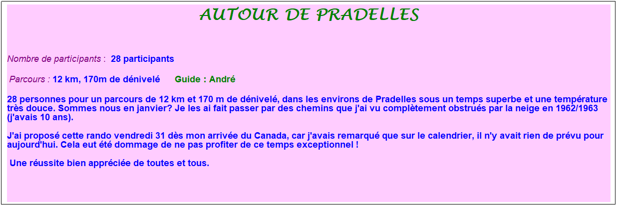 Zone de Texte: autour de pradelles
&nbsp;
Nombre de participants :&nbsp; 28 participants 
&nbsp;Parcours : 12 km, 170m de d�nivel�&nbsp;&nbsp;&nbsp;&nbsp;&nbsp; Guide : Andr�
28 personnes pour un parcours de 12 km et 170 m de d�nivel�, dans les environs de Pradelles sous un temps superbe et une temp�rature tr�s douce. Sommes nous en janvier? Je les ai fait passer par des chemins que j'ai vu compl�tement obstru�s par la neige en 1962/1963 (j'avais 10 ans). 
J'ai propos� cette rando vendredi 31 d�s mon arriv�e du Canada, car j'avais remarqu� que sur le calendrier, il n'y avait rien de pr�vu pour aujourd'hui. Cela eut �t� dommage de ne pas profiter de ce temps exceptionnel !
&nbsp;Une r�ussite bien appr�ci�e de toutes et tous.
&nbsp;
&nbsp;
&nbsp;
