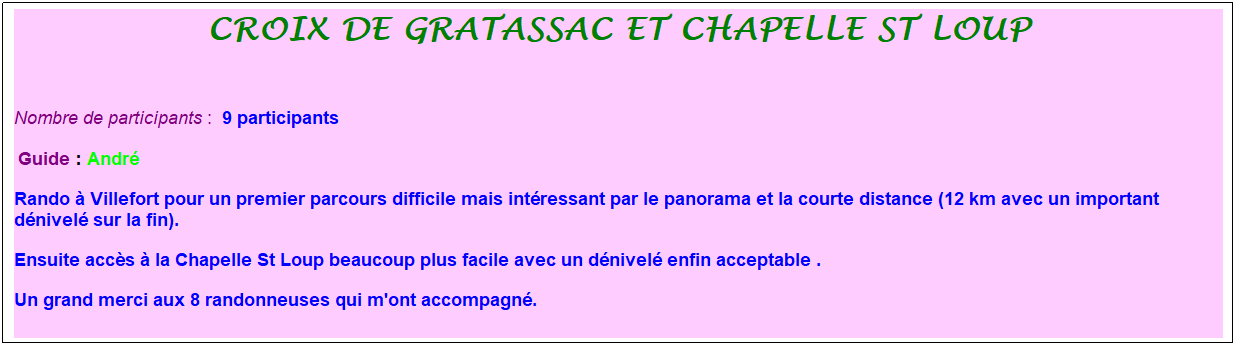 Zone de Texte: Les tunnels de solignac
&nbsp;
Nombre de participants :&nbsp; 12 participants � la sortie
Parcours : 15km avec environ 300m de d�nivel�&nbsp;&nbsp;&nbsp;&nbsp; Guide : Georges
D�part de Solignac en direction de la Loire avec travers�e de ruisseaux et des passages glissants...tous franchis n�anmoins sans probl�me si ce n'est l'assistance bienvenue des plus "aguerris" pour les plus craintifs...
Pique nique sous "abri sommaire"; un pont avec d�gustation du jambon sec offert par Georges.
Temps humide avec des averses et une travers�e rapide des tunnels ...pour retrouver rapidement le jour.
Les plus curieux se rendirent avec Jean pour voir les galets t�moins du lit autrefois occup� par la Loire, et ce gr�ce � leur mise � jour par des travaux routiers.
&nbsp;
&nbsp;
&nbsp;


&nbsp;

&nbsp;

