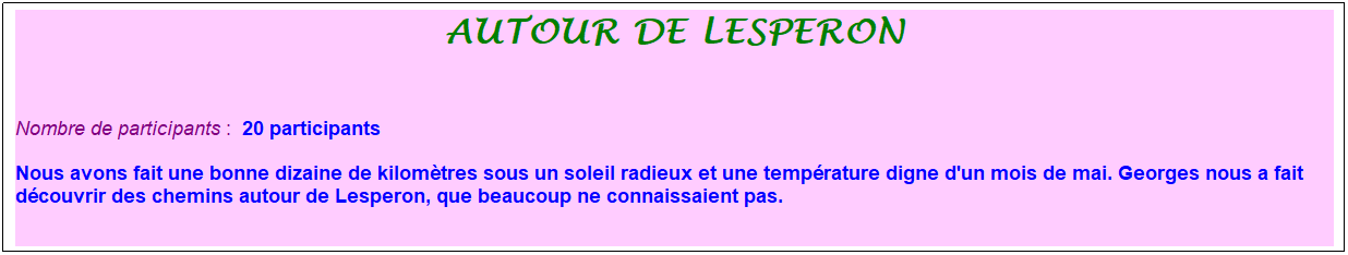 Zone de Texte: Autour de lesperon
&nbsp;
Nombre de participants :&nbsp; 20 participants 
Nous avons fait une bonne dizaine de kilom�tres sous un soleil radieux et une temp�rature digne d'un mois de mai. Georges nous a fait d�couvrir des chemins autour de Lesperon, que beaucoup ne connaissaient pas.
&nbsp;
&nbsp;
&nbsp;
&nbsp;
