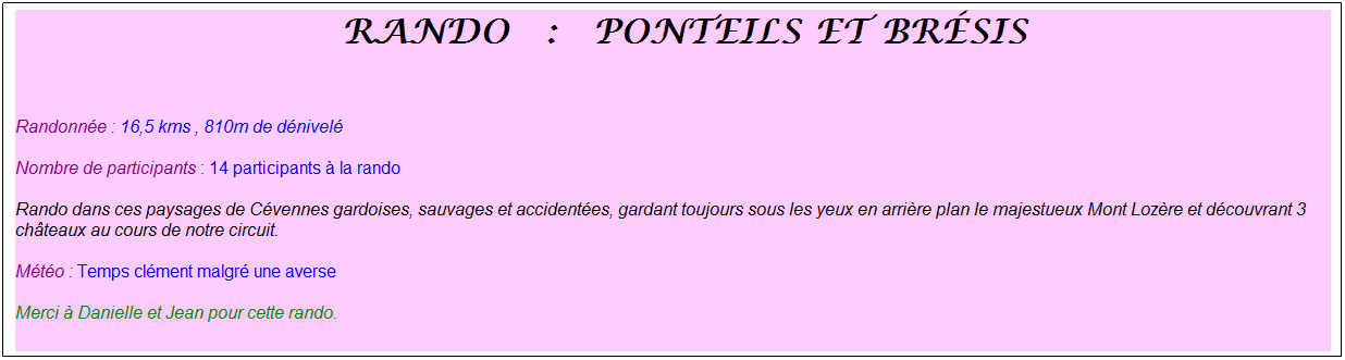 Zone de Texte: &nbsp;rando&nbsp; :&nbsp; ponteils et br�sis
&nbsp;
Randonn�e : 16,5 kms , 810m de d�nivel�
Nombre de participants : 14 participants � la rando 
Rando dans ces paysages de C�vennes gardoises, sauvages et accident�es, gardant toujours sous les yeux en arri�re plan le majestueux Mont Loz�re et d�couvrant 3 ch�teaux au cours de notre circuit.
M�t�o : Temps cl�ment malgr� une averse
Merci � Danielle et Jean pour cette rando.
&nbsp;
&nbsp;
&nbsp;

