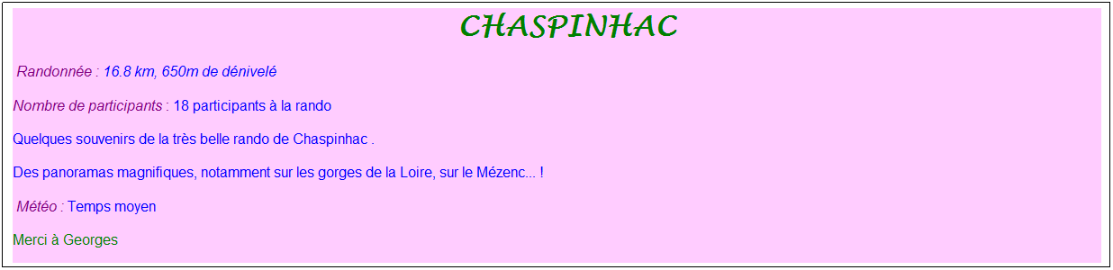 Zone de Texte: &nbsp;chaspinhac
&nbsp;Randonn�e : 16.8 km, 650m de d�nivel�
Nombre de participants : 18 participants � la rando
Quelques souvenirs de la tr�s belle rando de Chaspinhac .
Des panoramas magnifiques, notamment sur les gorges de la Loire, sur le M�zenc... ! 
&nbsp;M�t�o : Temps moyen
Merci � Georges
&nbsp;
&nbsp;
&nbsp;
&nbsp;
