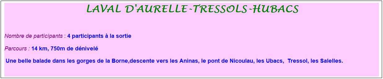 Zone de Texte: laval d'aurelle-tressols-hubacs
&nbsp;
Nombre de participants : 4 participants � la sortie&nbsp;&nbsp; 
Parcours : 14 km, 750m de d�nivel�
&nbsp;Une belle balade dans les gorges de la Borne,descente vers les Aninas, le pont de Nicoulau, les Ubacs,&nbsp; Tressol, les Salelles.
&nbsp;
&nbsp;
&nbsp;
