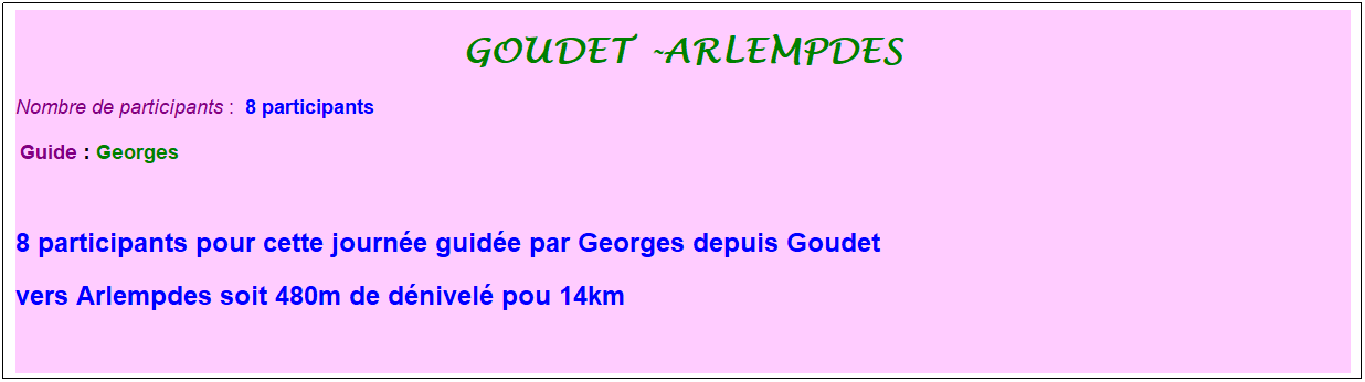 Zone de Texte: goudet -arlempdes
Nombre de participants :&nbsp; 8 participants
&nbsp;Guide : Georges
&nbsp;
8 participants pour cette journ�e guid�e par Georges depuis Goudet
vers Arlempdes soit 480m de d�nivel� pou 14km
&nbsp;
