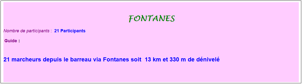 Zone de Texte: Fontanes
Nombre de participants :&nbsp; 21 Participants
&nbsp;Guide : 
&nbsp;
21 marcheurs depuis le barreau via Fontanes soit&nbsp; 13 km et 330 m de d�nivel�
&nbsp;
