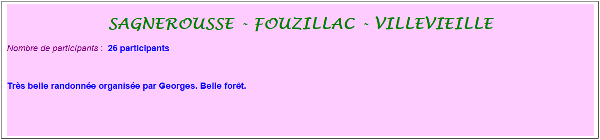Zone de Texte: sagnerousse - fouzillac - villevieille
Nombre de participants :&nbsp; 26 participants
&nbsp;
Tr�s belle randonn�e organis�e par Georges. Belle for�t. 
&nbsp;
&nbsp;
