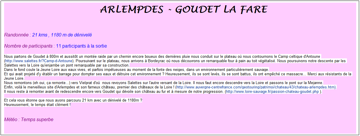 Zone de Texte: &nbsp;arlempdes - goudet la fare
&nbsp;
Randonn�e : 21 kms , 1180 m de d�nivel�
Nombre de participants : 11 participants � la sortie
Nous partons de Goudet � 800m et aussit�t un mont�e raide par un chemin encore boueux des derni�res pluie nous conduit sur le plateau o� nous contournons le Camp celtique d'Antoune (http://www.salettes.fr/?Camp-d-Antoune). Poursuivant sur le plateau, nous arrivons � Bordeyrac o� nous d�couvrons un remarquable four � pain au toit v�g�talis�. Nous poursuivons notre descente par les Salettes vers la Loire qu'enjambe un pont remarquable par sa construction.
Dans le fond coule la Jeune Loire aux eaux vives, et parfois imp�tueuses au moment de la fonte des neiges, dans un environnement particuli�rement sauvage.
Et qui avait projet� d'y �tablir un barrage pour dompter ses eaux et d�truire cet environnement ? Heureusement, ils se sont lev�s, ils se sont battus, ils ont emp�ch� ce massacre... Merci aux r�sistants de la Jeune Loire.
Nous remontons (eh oui, �a remonte...) vers Vielprat d'o�&nbsp; nous revoyons Salettes sur l'autre versant de la Loire. Il nous faut encore descendre vers la Loire et passons le pont sur la Mejanne.
Enfin, voil� le merveilleux site d'Arlempdes et son fameux ch�teau, premier des ch�teaux de la Loire ! (http://www.auvergne-centrefrance.com/geotouring/patrimoi/chateau/43/chateau-arlempdes.htm).
Il nous reste � remonter avant de redescendre encore vers Goudet qui d�voile son ch�teau au fur et � mesure de notre progression. (http://www.loire-sauvage.fr/passion-chateau-goudet.php&nbsp;).

Et cela vous �tonne que nous ayons parcouru 21 km avec un d�nivel� de 1180m ?
Heureusement, le temps �tait cl�ment !

M�t�o : Temps superbe
&nbsp;

