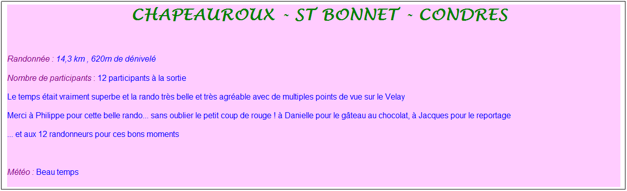 Zone de Texte: &nbsp;chapeauroux - St bonnet - condres
&nbsp;
Randonn�e : 14,3 km , 620m de d�nivel�
Nombre de participants : 12 participants � la sortie
Le temps �tait vraiment superbe et la rando tr�s belle et tr�s agr�able avec de multiples points de vue sur le Velay
Merci � Philippe pour cette belle rando... sans oublier le petit coup de rouge ! � Danielle pour le g�teau au chocolat, � Jacques pour le reportage
... et aux 12 randonneurs pour ces bons moments
&nbsp;
M�t�o : Beau temps
&nbsp;
&nbsp;
