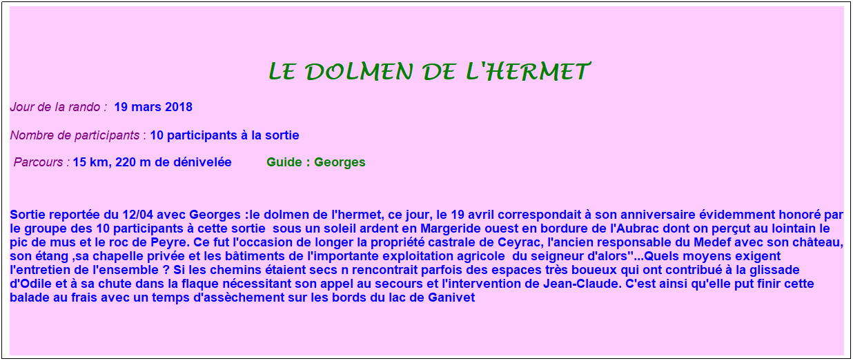 Zone de Texte: Le dolmen de l'hermet
Jour de la rando : &nbsp;19 mars 2018
Nombre de participants : 10 participants � la sortie&nbsp;&nbsp; 
&nbsp;Parcours : 15 km, 220 m de d�nivel�e&nbsp;&nbsp;&nbsp;&nbsp;&nbsp;&nbsp;&nbsp;&nbsp;&nbsp;&nbsp; &nbsp;Guide : Georges
&nbsp;
Sortie report�e du 12/04 avec Georges :le dolmen de l'hermet, ce jour, le 19 avril correspondait � son anniversaire �videmment honor� par le groupe des 10 participants � cette sortie&nbsp; sous un soleil ardent en Margeride ouest en bordure de l'Aubrac dont on per�ut au lointain le pic de mus et le roc de Peyre. Ce fut l'occasion de longer la propri�t� castrale de Ceyrac, l'ancien responsable du Medef avec son ch�teau, son �tang ,sa chapelle priv�e et les b�timents de l'importante exploitation agricole&nbsp; du seigneur d'alors"...Quels moyens exigent l'entretien de l'ensemble ? Si les chemins �taient secs n rencontrait parfois des espaces tr�s boueux qui ont contribu� � la glissade d'Odile et � sa chute dans la flaque n�cessitant son appel au secours et l'intervention de Jean-Claude. C'est ainsi qu'elle put finir cette balade au frais avec un temps d'ass�chement sur les bords du lac de Ganivet
