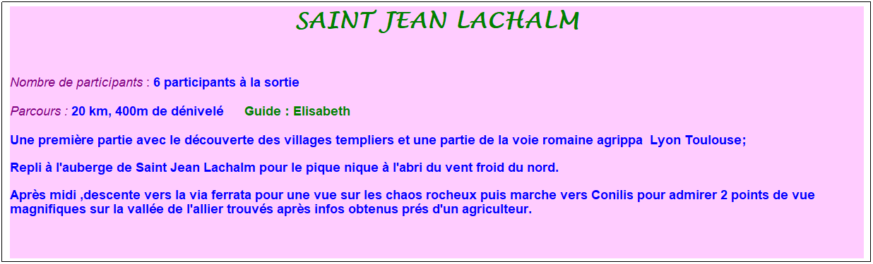 Zone de Texte: saint jean lachalm
&nbsp;
Nombre de participants : 6 participants � la sortie&nbsp;&nbsp; 
Parcours : 20 km, 400m de d�nivel�&nbsp;&nbsp;&nbsp;&nbsp;&nbsp; Guide : Elisabeth
Une premi�re partie avec le d�couverte des villages templiers et une partie de la voie romaine agrippa&nbsp; Lyon Toulouse;
Repli � l'auberge de Saint Jean Lachalm pour le pique nique � l'abri du vent froid du nord.
Apr�s midi ,descente vers la via ferrata pour une vue sur les chaos rocheux puis marche vers Conilis pour admirer 2 points de vue magnifiques sur la vall�e de l'allier trouv�s apr�s infos obtenus pr�s d'un agriculteur.
&nbsp;
&nbsp;
&nbsp;
&nbsp;
&nbsp;
&nbsp;
