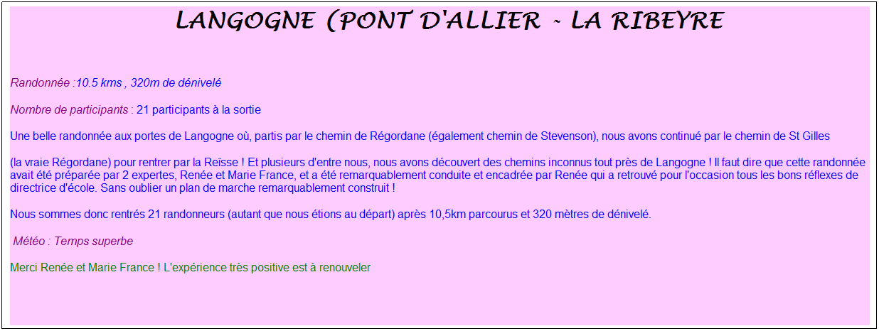 Zone de Texte: &nbsp;langogne (pont d'allier - la ribeyre
&nbsp;
Randonn�e :10.5 kms , 320m de d�nivel�
Nombre de participants : 21 participants � la sortie
Une belle randonn�e aux portes de Langogne o�, partis par le chemin de R�gordane (�galement chemin de Stevenson), nous avons continu� par le chemin de St Gilles 
(la vraie R�gordane) pour rentrer par la Re�sse ! Et plusieurs d'entre nous, nous avons d�couvert des chemins inconnus tout pr�s de Langogne ! Il faut dire que cette randonn�e avait �t� pr�par�e par 2 expertes, Ren�e et Marie France, et a �t� remarquablement conduite et encadr�e par Ren�e qui a retrouv� pour l'occasion tous les bons r�flexes de directrice d'�cole. Sans oublier un plan de marche remarquablement construit !
Nous sommes donc rentr�s 21 randonneurs (autant que nous �tions au d�part) apr�s 10,5km parcourus et 320 m�tres de d�nivel�.
&nbsp;M�t�o : Temps superbe
Merci Ren�e et Marie France ! L'exp�rience tr�s positive est � renouveler
&nbsp;
&nbsp;
