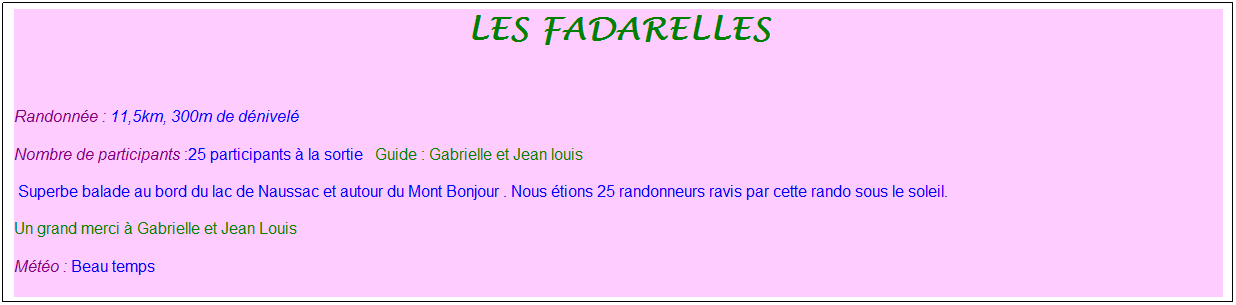 Zone de Texte: les fadarelles
&nbsp;
Randonn�e : 11,5km, 300m de d�nivel�&nbsp;&nbsp;&nbsp;
Nombre de participants :25 participants � la sortie&nbsp;&nbsp; Guide : Gabrielle et Jean louis
&nbsp;Superbe balade au bord du lac de Naussac et autour du Mont Bonjour . Nous �tions 25 randonneurs ravis par cette rando sous le soleil.&nbsp; 
Un grand merci � Gabrielle et Jean Louis
M�t�o : Beau temps
&nbsp;

