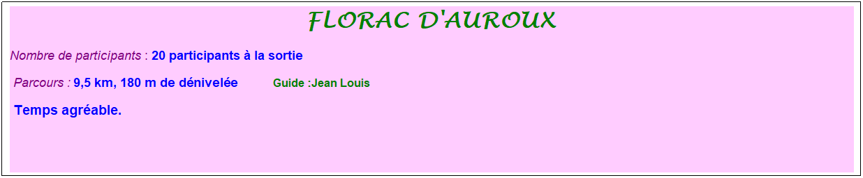Zone de Texte: florac d'auroux&nbsp;
Nombre de participants : 20 participants � la sortie&nbsp;&nbsp; 
&nbsp;Parcours : 9,5 km, 180 m de d�nivel�e&nbsp;&nbsp;&nbsp;&nbsp;&nbsp;&nbsp;&nbsp;&nbsp;&nbsp;&nbsp; &nbsp;Guide :Jean Louis
&nbsp;Temps agr�able. &nbsp;
&nbsp;
&nbsp;
&nbsp;
