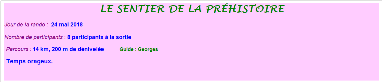 Zone de Texte: Le sentier de la pr�histoire
Jour de la rando : &nbsp;24 mai 2018
Nombre de participants : 8 participants � la sortie&nbsp;&nbsp; 
&nbsp;Parcours : 14 km, 200 m de d�nivel�e&nbsp;&nbsp;&nbsp;&nbsp;&nbsp;&nbsp;&nbsp;&nbsp;&nbsp;&nbsp; &nbsp;Guide : Georges
&nbsp;Temps orageux. &nbsp;
&nbsp;
&nbsp;

