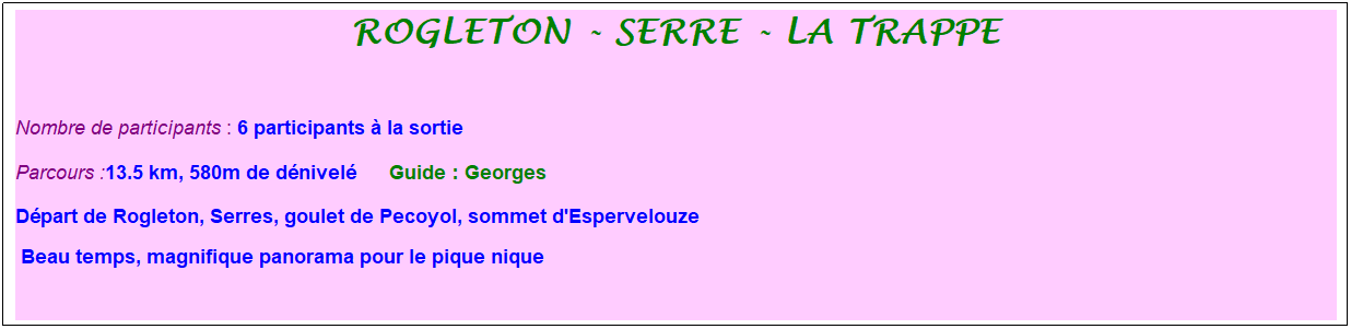 Zone de Texte: rogleton - serre - la trappe
&nbsp;
Nombre de participants : 6 participants � la sortie&nbsp;&nbsp; 
Parcours :13.5 km, 580m de d�nivel�&nbsp;&nbsp;&nbsp;&nbsp;&nbsp; Guide : Georges
D�part de Rogleton, Serres, goulet de Pecoyol, sommet d'Espervelouze
&nbsp;Beau temps, magnifique panorama pour le pique nique&nbsp;
&nbsp;
&nbsp;
