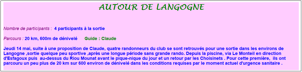 Zone de Texte: autour de langogne
&nbsp;
Nombre de participants :&nbsp; 4 participants � la sortie
Parcours : 20 km, 600m de d�nivel�&nbsp;&nbsp;&nbsp;&nbsp;&nbsp; Guide : Claude
Jeudi 14 mai, suite � une proposition de Claude, quatre randonneurs du club se sont retrouv�s pour une sortie dans les environs de Langogne ,sortie quelque peu sportive ,apr�s une longue p�riode sans grande rando. Depuis la piscine, via Le Monteil en direction d'Esfagoux puis&nbsp; au-dessus du Riou Mounat avant le pique-nique du jour et un retour par les Choisinets . Pour cette premi�re, &nbsp;ils ont parcouru un peu plus de 20 km sur 600 environ de d�nivel� dans les conditions requises par le moment actuel d'urgence sanitaire .
&nbsp;
&nbsp;
&nbsp;
