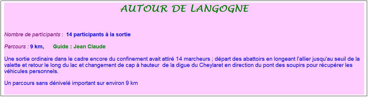 Zone de Texte: autour de langogne
&nbsp;
Nombre de participants :&nbsp; 14 participants � la sortie
Parcours : 9 km, &nbsp;&nbsp;&nbsp;&nbsp; Guide : Jean Claude
Une sortie ordinaire dans le cadre encore du confinement avait attir� 14 marcheurs ; d�part des abattoirs en longeant l'allier jusqu'au seuil de la valette et retour le long du lac et changement de cap � hauteur&nbsp; de la digue du Cheylaret en direction du pont des soupirs pour r�cup�rer les v�hicules personnels.
Un parcours sans d�nivel� important sur environ 9 km

&nbsp;
&nbsp;
&nbsp;
