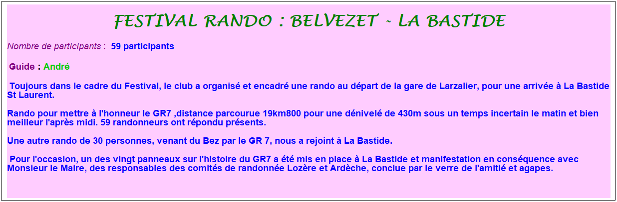 Zone de Texte: festival rando : belvezet - la bastide
Nombre de participants :&nbsp; 59 participants
&nbsp;Guide : Andr�
&nbsp;Toujours dans le cadre du Festival, le club a organis� et encadr� une rando au d�part de la gare de Larzalier, pour une arriv�e � La Bastide St Laurent.
Rando pour mettre � l'honneur le GR7 ,distance parcourue 19km800 pour une d�nivel� de 430m sous un temps incertain le matin et bien meilleur l'apr�s midi. 59 randonneurs ont r�pondu pr�sents. 
Une autre rando de 30 personnes, venant du Bez par le GR 7, nous a rejoint � La Bastide.
 Pour l'occasion, un des vingt panneaux sur l'histoire du GR7 a �t� mis en place � La Bastide et manifestation en cons�quence avec Monsieur le Maire, des responsables des comit�s de randonn�e Loz�re et Ard�che, conclue par le verre de l'amiti� et agapes.
&nbsp;
