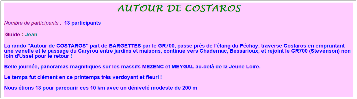 Zone de Texte: Autour de costaros
Nombre de participants :&nbsp; 13 participants
&nbsp;Guide : Jean
La rando "Autour de COSTAROS" part de BARGETTES par le GR700, passe pr�s de l'�tang du P�chay, traverse Costaros en empruntant une venelle et le passage du Caryrou entre jardins et maisons, continue vers Chadernac, Bessarioux, et rejoint le GR700 (Stevenson) non loin d'Ussel pour le retour !
Belle journ�e, panoramas magnifiques sur les massifs MEZENC et MEYGAL au-del� de la Jeune Loire.
Le temps fut cl�ment en ce printemps tr�s verdoyant et fleuri !
Nous �tions 13 pour parcourir ces 10 km avec un d�nivel� modeste de 200 m
&nbsp;
&nbsp;
