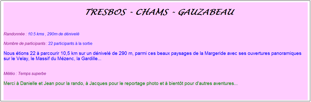 Zone de Texte: &nbsp;Tresbos - Chams - Gauzabeau
&nbsp;
Randonn�e : 10.5 kms , 290m de d�nivel�
Nombre de participants : 22 participants � la sortie
Nous �tions 22 � parcourir 10,5 km sur un d�nivel� de 290 m, parmi ces beaux paysages de la Margeride avec ses ouvertures panoramiques sur le Velay, le Massif du M�zenc, la Gardille...

M�t�o : Temps superbe
Merci � Danielle et Jean pour la rando, � Jacques pour le reportage photo et � bient�t pour d'autres aventures...
&nbsp;
