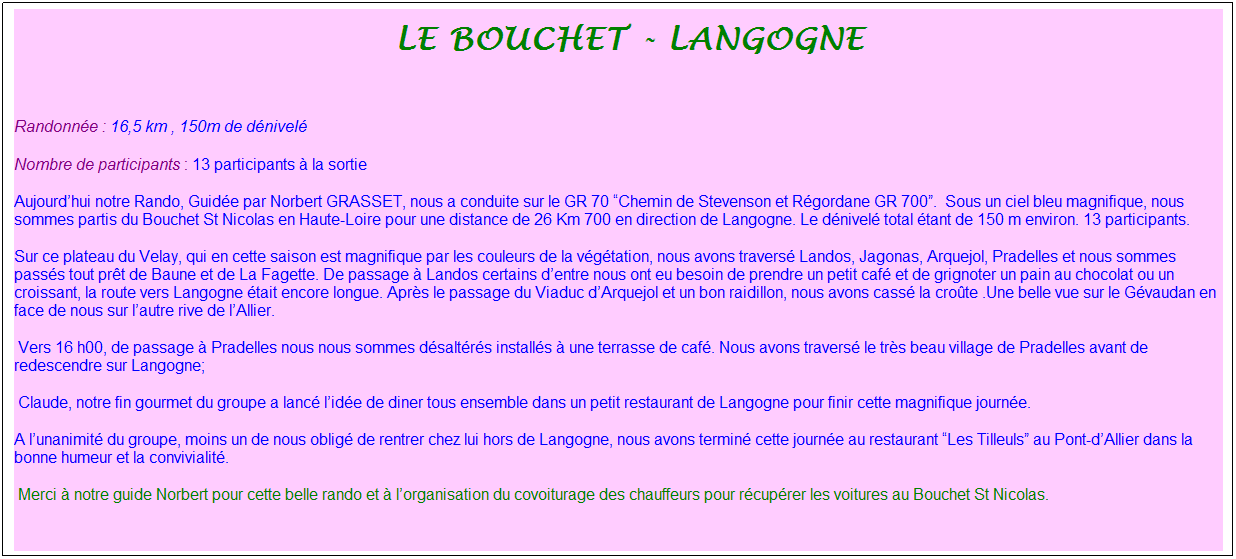Zone de Texte: &nbsp;Le bouchet - langogne
&nbsp;
Randonn�e : 16,5 km , 150m de d�nivel�
Nombre de participants : 13 participants � la sortie
Aujourd�hui notre Rando, Guid�e par Norbert GRASSET, nous a conduite sur le GR 70 �Chemin de Stevenson et R�gordane GR 700�.&nbsp; Sous un ciel bleu magnifique, nous sommes partis du Bouchet St Nicolas en Haute-Loire pour une distance de 26 Km 700 en direction de Langogne. Le d�nivel� total �tant de 150 m environ. 13 participants.
Sur ce plateau du Velay, qui en cette saison est magnifique par les couleurs de la v�g�tation, nous avons travers� Landos, Jagonas, Arquejol, Pradelles et nous sommes pass�s tout pr�t de Baune et de La Fagette. De passage � Landos certains d�entre nous ont eu besoin de prendre un petit caf� et de grignoter un pain au chocolat ou un croissant, la route vers Langogne �tait encore longue.&nbsp;Apr�s le passage du Viaduc d�Arquejol et un bon raidillon, nous avons cass� la cro�te .Une belle vue sur le G�vaudan en face de nous sur l�autre rive de l�Allier.
&nbsp;Vers 16 h00, de passage � Pradelles nous nous sommes d�salt�r�s install�s � une terrasse de caf�. Nous avons travers� le tr�s beau village de Pradelles avant de redescendre sur Langogne;
&nbsp;Claude, notre fin gourmet du groupe a lanc� l�id�e de diner tous ensemble dans un petit restaurant de Langogne pour finir cette magnifique journ�e.
A l�unanimit� du groupe, moins un de nous oblig� de rentrer chez lui hors de Langogne, nous avons termin� cette journ�e au restaurant �Les Tilleuls� au Pont-d�Allier dans la bonne humeur et la convivialit�.
&nbsp;Merci � notre guide Norbert pour cette belle rando et � l�organisation du covoiturage des chauffeurs pour r�cup�rer les voitures au Bouchet St Nicolas.
&nbsp;
