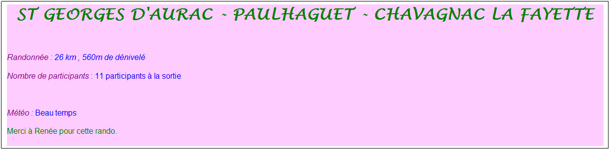 Zone de Texte: St Georges d'aurac - paulhaguet - chavagnac la fayette
&nbsp;
Randonn�e : 26 km , 560m de d�nivel�
Nombre de participants : 11 participants � la sortie
&nbsp;
M�t�o : Beau temps
Merci � Ren�e pour cette rando.
&nbsp;
