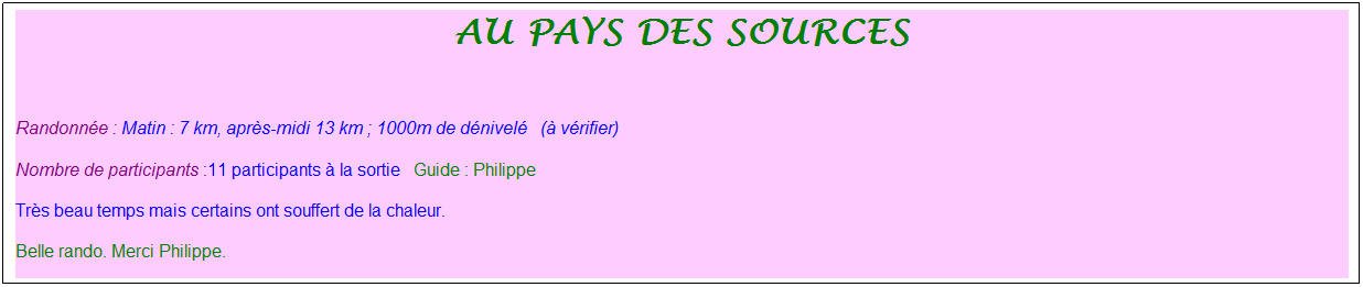 Zone de Texte: au pays des sources
&nbsp;
Randonn�e : Matin : 7 km, apr�s-midi 13 km ; 1000m de d�nivel�&nbsp;&nbsp;&nbsp;(� v�rifier)
Nombre de participants :11 participants � la sortie&nbsp;&nbsp; Guide : Philippe
Tr�s beau temps mais certains ont souffert de la chaleur. 
Belle rando. Merci Philippe.
&nbsp;
&nbsp;
