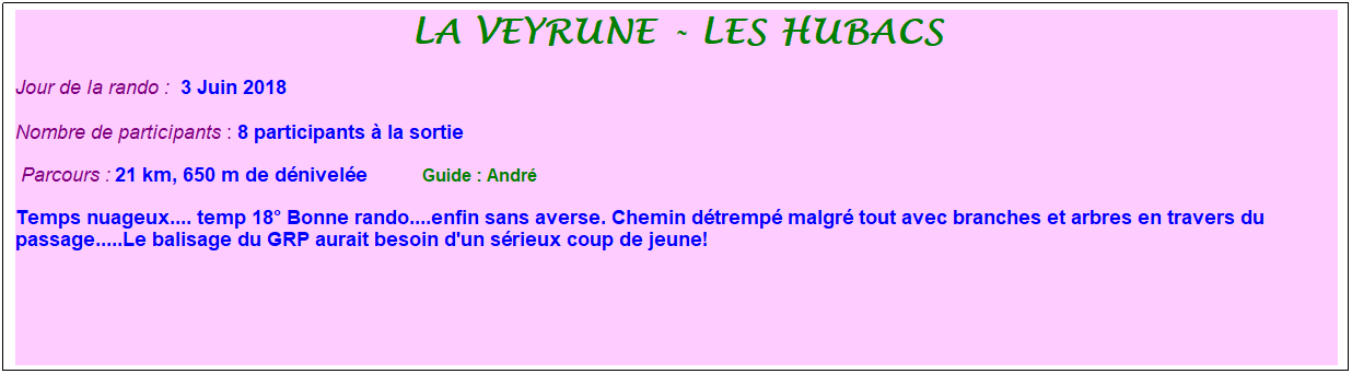 Zone de Texte: La veyrune - les hubacs
Jour de la rando : &nbsp;3 Juin 2018
Nombre de participants : 8 participants � la sortie&nbsp;&nbsp; 
&nbsp;Parcours : 21 km, 650 m de d�nivel�e&nbsp;&nbsp;&nbsp;&nbsp;&nbsp;&nbsp;&nbsp;&nbsp;&nbsp;&nbsp; &nbsp;Guide : Andr�
Temps nuageux.... temp 18� Bonne rando....enfin sans averse. Chemin d�tremp� malgr� tout avec branches et arbres en travers du passage.....Le balisage du GRP aurait besoin d'un s�rieux coup de jeune!
&nbsp;
&nbsp;
&nbsp;
&nbsp;
