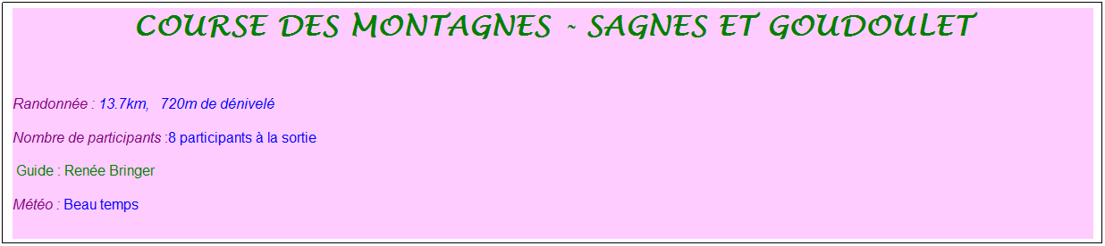 Zone de Texte: CoUrse des montagnes - sagnes et goudoulet
&nbsp;
Randonn�e : 13.7km, &nbsp;&nbsp;720m de d�nivel� 
Nombre de participants :8 participants � la sortie&nbsp;&nbsp;
&nbsp;Guide : Ren�e Bringer
M�t�o : Beau temps
&nbsp;
