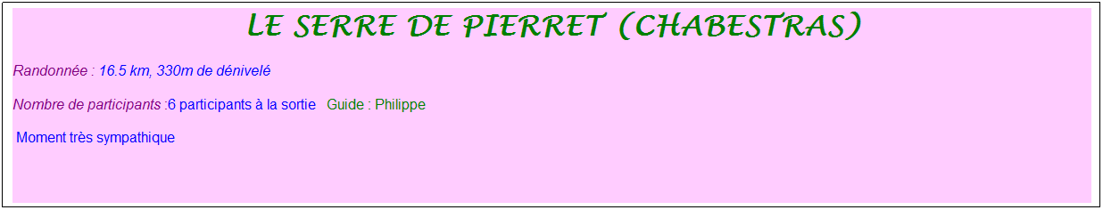 Zone de Texte: le serre de pierret (chabestras)
Randonn�e : 16.5 km, 330m de d�nivel�&nbsp;&nbsp;&nbsp;
Nombre de participants :6 participants � la sortie&nbsp;&nbsp; Guide : Philippe
&nbsp;Moment tr�s sympathique
&nbsp;
&nbsp;
