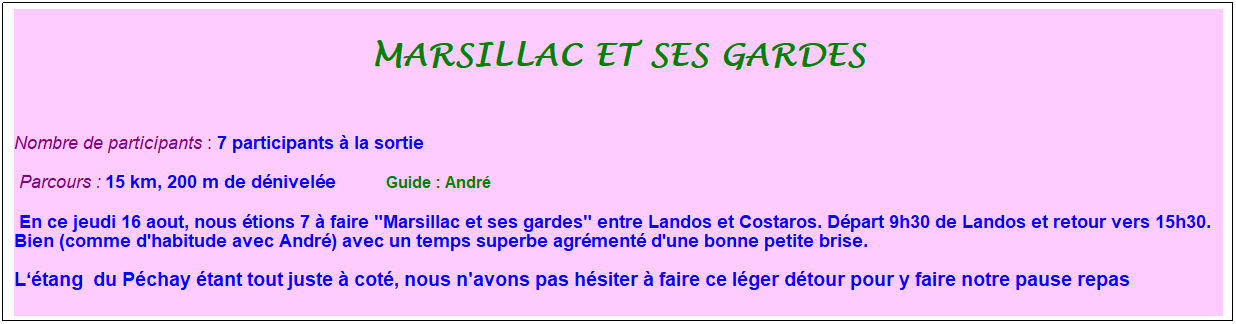 Zone de Texte: Marsillac et ses gardes
&nbsp;
Nombre de participants : 7 participants � la sortie&nbsp;&nbsp; 
&nbsp;Parcours : 15 km, 200 m de d�nivel�e&nbsp;&nbsp;&nbsp;&nbsp;&nbsp;&nbsp;&nbsp;&nbsp;&nbsp;&nbsp; &nbsp;Guide : Andr� 
&nbsp;En ce jeudi 16 aout, nous �tions 7 � faire "Marsillac et ses gardes" entre Landos et Costaros. D�part 9h30 de Landos et retour vers 15h30. Bien (comme d'habitude avec Andr�) avec un temps superbe agr�ment� d'une bonne petite brise.
L��tang &nbsp;du P�chay �tant tout juste � cot�, nous n'avons pas h�siter � faire ce l�ger d�tour pour y faire notre pause repas
