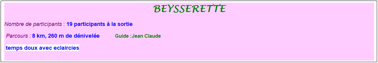 Zone de Texte: beysserette
Nombre de participants : 19 participants � la sortie&nbsp;&nbsp; 
&nbsp;Parcours : 8 km, 260 m de d�nivel�e&nbsp;&nbsp;&nbsp;&nbsp;&nbsp;&nbsp;&nbsp;&nbsp;&nbsp;&nbsp; &nbsp;Guide :Jean Claude
&nbsp;temps doux avec eclaircies
&nbsp;
&nbsp;
&nbsp;
