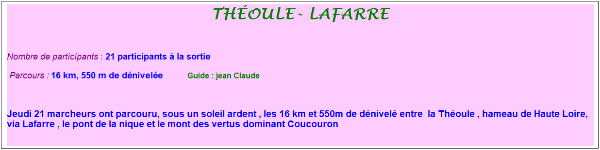 Zone de Texte: th�oule- lafarre
&nbsp;
Nombre de participants : 21 participants � la sortie&nbsp;&nbsp; 
&nbsp;Parcours : 16 km, 550 m de d�nivel�e&nbsp;&nbsp;&nbsp;&nbsp;&nbsp;&nbsp;&nbsp;&nbsp;&nbsp;&nbsp; &nbsp;Guide : jean Claude
&nbsp;
Jeudi 21 marcheurs ont parcouru, sous un soleil ardent , les 16 km et 550m de d�nivel� entre&nbsp; la Th�oule , hameau de Haute Loire, via Lafarre , le pont de la nique et le mont des vertus dominant Coucouron
&nbsp;
