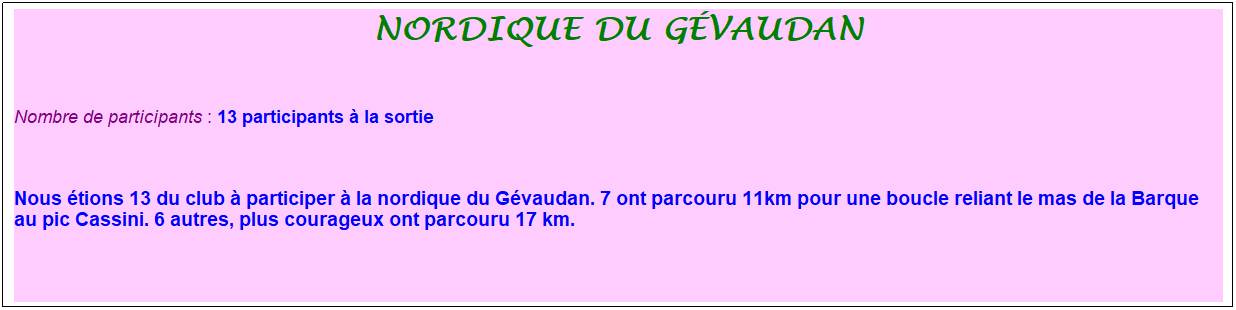 Zone de Texte: nordique du g�vaudan
&nbsp;
Nombre de participants : 13 participants � la sortie&nbsp;&nbsp; 
&nbsp;&nbsp;
Nous �tions 13 du club � participer � la nordique du G�vaudan. 7 ont parcouru 11km pour une boucle reliant le mas de la Barque au pic Cassini. 6 autres, plus courageux ont parcouru 17 km.

&nbsp;
