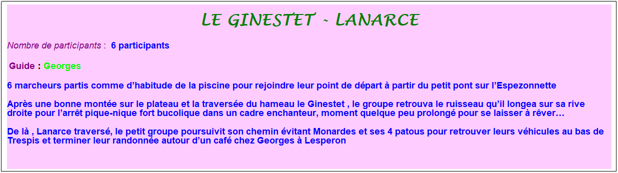 Zone de Texte: Le ginestet - lanarce
Nombre de participants :&nbsp; 6 participants
&nbsp;Guide : Georges
6 marcheurs partis comme d�habitude de la piscine pour rejoindre leur point de d�part � partir du petit pont sur l�Espezonnette
Apr�s une bonne mont�e sur le plateau et la travers�e du hameau le Ginestet , le groupe retrouva le ruisseau qu�il longea sur sa rive droite pour l�arr�t pique-nique fort bucolique dans un cadre enchanteur, moment quelque peu prolong� pour se laisser � r�ver�
De l� , Lanarce travers�, le petit groupe poursuivit son chemin �vitant Monardes et ses 4 patous pour retrouver leurs v�hicules au bas de Trespis et terminer leur randonn�e autour d�un caf� chez Georges � Lesperon
&nbsp;
