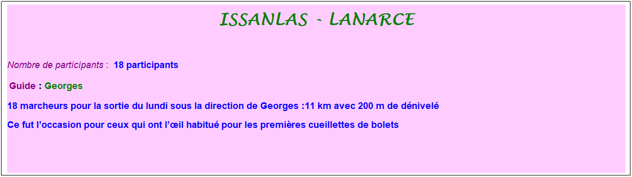 Zone de Texte: issanlas - lanarce
&nbsp;
Nombre de participants :&nbsp; 18 participants
&nbsp;Guide : Georges
18 marcheurs pour la sortie du lundi sous la direction de Georges :11 km avec 200 m de d�nivel�
Ce fut l�occasion pour ceux qui ont l��il habitu� pour les premi�res cueillettes de bolets
&nbsp;
&nbsp;
