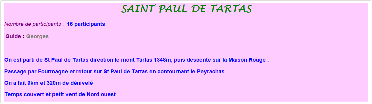 Zone de Texte: saint paul de tartas
Nombre de participants :&nbsp; 16 participants
&nbsp;Guide : Georges
&nbsp;
On est parti de St Paul de Tartas direction le mont Tartas 1348m, puis descente sur la Maison Rouge .
Passage par Fourmagne et retour sur St Paul de Tartas en contournant le Peyrachas
On a fait 9km et 320m de d�nivel� 
Temps couvert et petit vent de Nord ouest 
&nbsp;
