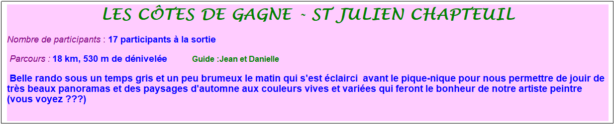 Zone de Texte: les c�tes de gagne - St Julien Chapteuil
Nombre de participants : 17 participants � la sortie&nbsp;&nbsp; 
&nbsp;Parcours : 18 km, 530 m de d�nivel�e&nbsp;&nbsp;&nbsp;&nbsp;&nbsp;&nbsp;&nbsp;&nbsp;&nbsp;&nbsp; &nbsp;Guide :Jean et Danielle
&nbsp;Belle rando sous un temps gris et un peu brumeux le matin qui s'est �clairci&nbsp; avant le pique-nique pour nous permettre de jouir de tr�s beaux panoramas et des paysages d'automne aux couleurs vives et vari�es qui feront le bonheur de notre artiste peintre (vous voyez ???)
&nbsp;
&nbsp;
&nbsp;
&nbsp;

