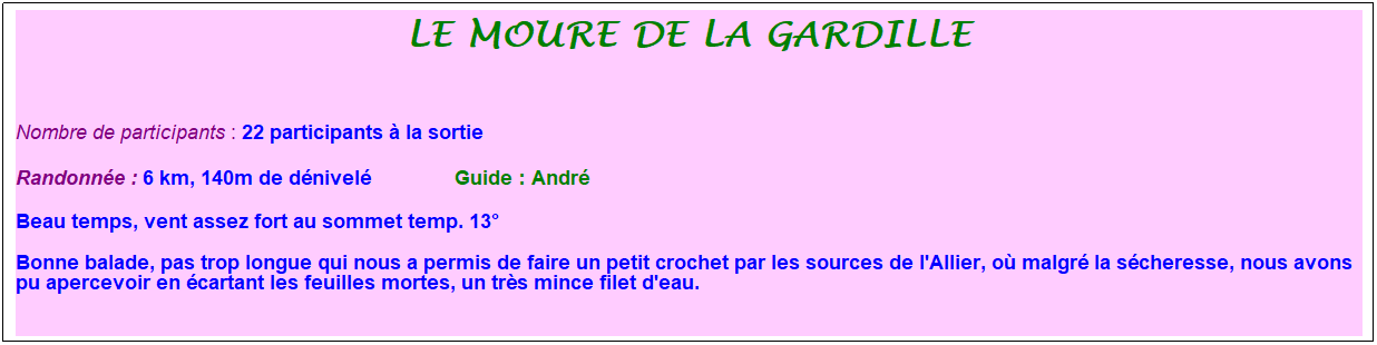 Zone de Texte: le moure de la gardille
&nbsp;
Nombre de participants : 22 participants � la sortie&nbsp;&nbsp; 
Randonn�e : 6 km, 140m de d�nivel�               Guide : Andr�
Beau temps, vent assez fort au sommet temp. 13�
Bonne balade, pas trop longue qui nous a permis de faire un petit crochet par les sources de l'Allier, o� malgr� la s�cheresse, nous avons pu apercevoir en �cartant les feuilles mortes, un tr�s mince filet d'eau.
&nbsp;
