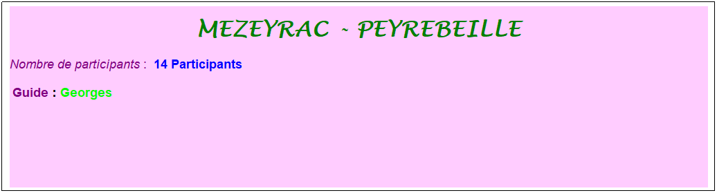 Zone de Texte: mezeyrac - peyrebeille
Nombre de participants :&nbsp; 14 Participants
&nbsp;Guide : Georges
&nbsp;
&nbsp;
&nbsp;
