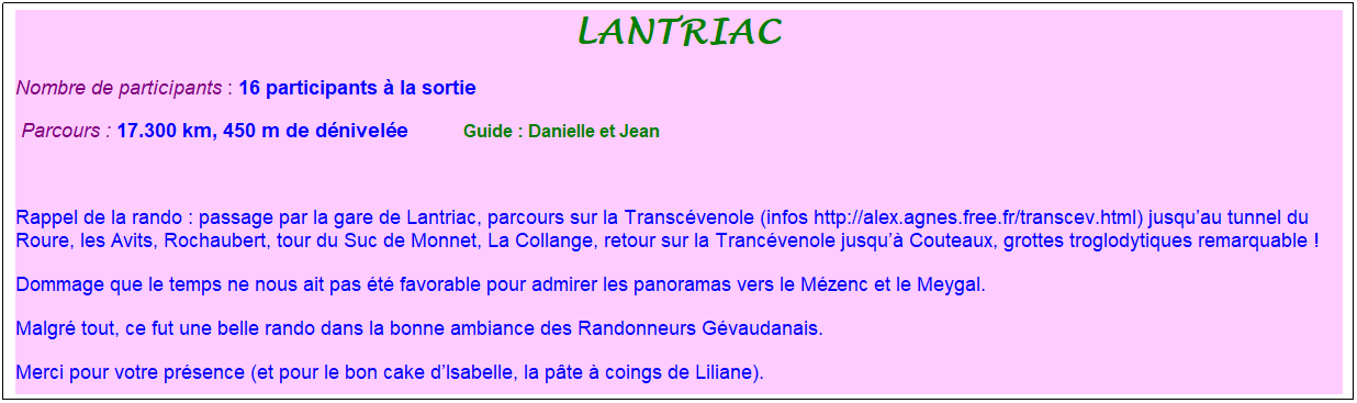 Zone de Texte: lantriac&nbsp;
Nombre de participants : 16 participants � la sortie&nbsp;&nbsp; 
&nbsp;Parcours : 17.300 km, 450 m de d�nivel�e&nbsp;&nbsp;&nbsp;&nbsp;&nbsp;&nbsp;&nbsp;&nbsp;&nbsp;&nbsp; &nbsp;Guide : Danielle et Jean
&nbsp;
Rappel de la rando : passage par la gare de Lantriac, parcours sur la Transc�venole (infos http://alex.agnes.free.fr/transcev.html) jusqu�au tunnel du Roure, les Avits, Rochaubert, tour du Suc de Monnet, La Collange, retour sur la Tranc�venole jusqu�� Couteaux, grottes troglodytiques remarquable !
Dommage que le temps ne nous ait pas �t� favorable pour admirer les panoramas vers le M�zenc et le Meygal.
Malgr� tout, ce fut une belle rando dans la bonne ambiance des Randonneurs G�vaudanais.&nbsp;
Merci pour votre pr�sence (et pour le bon cake d�Isabelle, la p�te � coings de Liliane).
&nbsp;
&nbsp;
&nbsp;
&nbsp;
&nbsp;
&nbsp;
&nbsp;
&nbsp;
&nbsp;
&nbsp;
&nbsp;
&nbsp;

