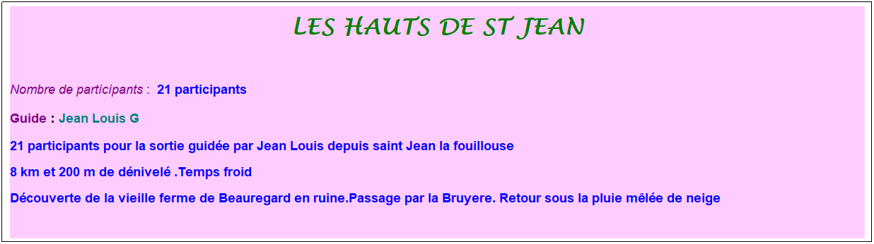Zone de Texte: les hauts de st jean
&nbsp;
Nombre de participants :&nbsp; 21 participants
Guide : Jean Louis G
21 participants pour la sortie guid�e par Jean Louis depuis saint Jean la fouillouse
8 km et 200 m de d�nivel� .Temps froid
D�couverte de la vieille ferme de Beauregard en ruine.Passage par la Bruyere. Retour sous la pluie m�l�e de neige
&nbsp;
