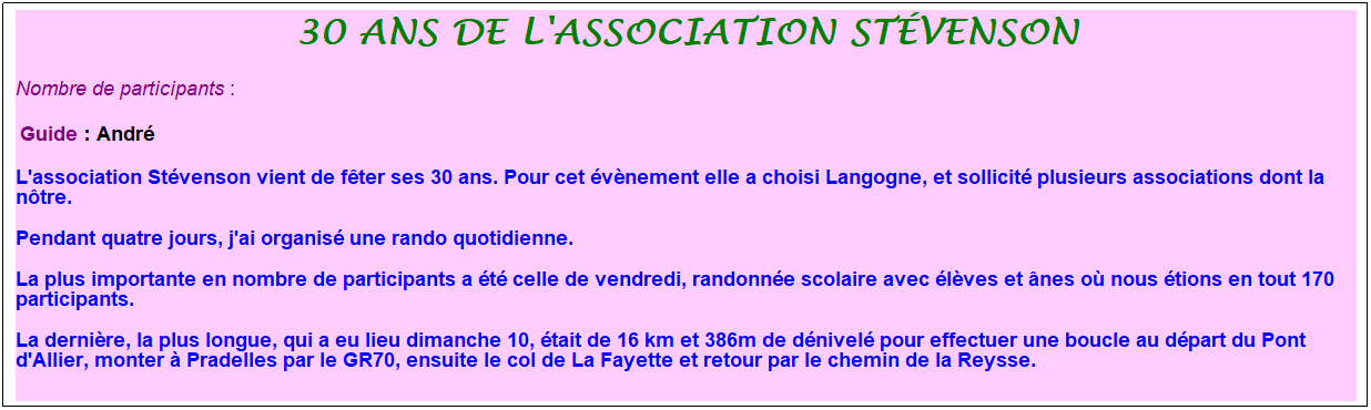 Zone de Texte: 30 ans de l'association st�venson
Nombre de participants :&nbsp; 
&nbsp;Guide : Andr�
L'association St�venson vient de f�ter ses 30 ans. Pour cet �v�nement elle a choisi Langogne, et sollicit� plusieurs associations dont la n�tre. 
Pendant quatre jours, j'ai organis� une rando quotidienne. 
La plus importante en nombre de participants a �t� celle de vendredi, randonn�e scolaire avec �l�ves et �nes o� nous �tions en tout 170 participants. 
La derni�re, la plus longue, qui a eu lieu dimanche 10, �tait de 16 km et 386m de d�nivel� pour effectuer une boucle au d�part du Pont d'Allier, monter � Pradelles par le GR70, ensuite le col de La Fayette et retour par le chemin de la Reysse.
&nbsp;
