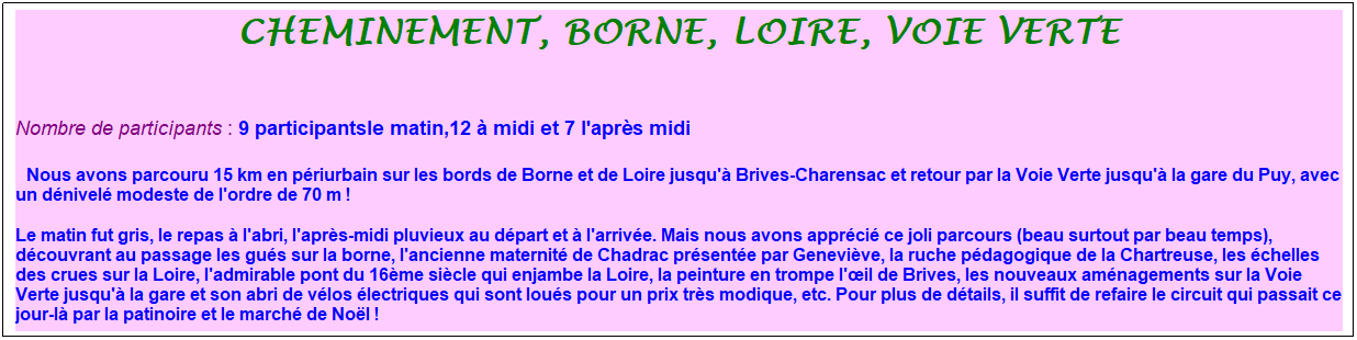 Zone de Texte: cheminement, borne, loire, voie verte
&nbsp;
Nombre de participants : 9 participantsle matin,12 � midi et 7 l'apr�s midi&nbsp;&nbsp; 
&nbsp;&nbsp;Nous avons parcouru 15 km en p�riurbain sur les bords de Borne et de Loire jusqu'� Brives-Charensac et retour par la Voie Verte jusqu'� la gare du Puy, avec un d�nivel� modeste de l'ordre de 70 m !
Le matin fut gris, le repas � l'abri, l'apr�s-midi pluvieux au d�part et � l'arriv�e. Mais nous avons appr�ci� ce joli parcours (beau surtout par beau temps), d�couvrant au passage les gu�s sur la borne, l'ancienne maternit� de Chadrac pr�sent�e par Genevi�ve, la ruche p�dagogique de la Chartreuse, les �chelles des crues sur la Loire, l'admirable pont du 16�me si�cle qui enjambe la Loire, la peinture en trompe l'�il de Brives, les nouveaux am�nagements sur la Voie Verte jusqu'� la gare et son abri de v�los �lectriques qui sont lou�s pour un prix tr�s modique, etc. Pour plus de d�tails, il suffit de refaire le circuit qui passait ce jour-l� par la patinoire et le march� de No�l !

&nbsp;
&nbsp;
