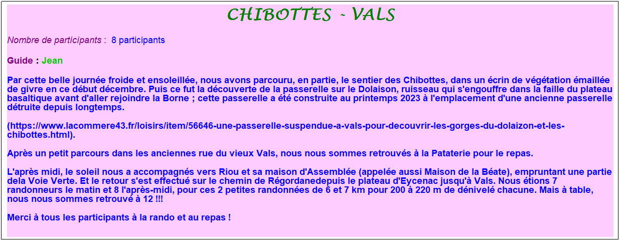 Zone de Texte: chibottes - vals
Nombre de participants :&nbsp; 8 participants&nbsp;
Guide : Jean
Par cette belle journ�e froide et ensoleill�e, nous avons parcouru, en partie, le sentier des Chibottes, dans un �crin de v�g�tation �maill�e de givre en ce d�but d�cembre. Puis ce fut la d�couverte de la passerelle sur le Dolaison, ruisseau qui s'engouffre dans la faille du plateau basaltique avant d'aller rejoindre la Borne ; cette passerelle a �t� construite au printemps 2023 � l'emplacement d'une ancienne passerelle d�truite depuis longtemps.
(https://www.lacommere43.fr/loisirs/item/56646-une-passerelle-suspendue-a-vals-pour-decouvrir-les-gorges-du-dolaizon-et-les-chibottes.html).
Apr�s un petit parcours dans les anciennes rue du vieux Vals, nous nous sommes retrouv�s � la Pataterie pour le repas.
L'apr�s midi, le soleil nous a accompagn�s vers Riou et sa maison d'Assembl�e (appel�e aussi Maison de la B�ate), empruntant une partie dela Voie Verte. Et le retour s'est effectu� sur le chemin de R�gordanedepuis le plateau d'Eycenac jusqu'� Vals. Nous �tions 7 randonneurs le matin et 8 l'apr�s-midi, pour ces 2 petites randonn�es de 6 et 7 km pour 200 � 220 m de d�nivel� chacune. Mais � table, nous nous sommes retrouv� � 12 !!!
Merci � tous les participants � la rando et au repas !
&nbsp;
&nbsp;&nbsp;
