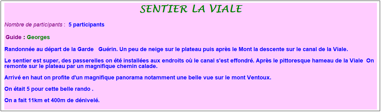 Zone de Texte: sentier la viale
Nombre de participants :&nbsp; 5 participants
&nbsp;Guide : Georges
Randonn�e au d�part de la Garde&nbsp;&nbsp; Gu�rin. Un peu de neige sur le plateau puis apr�s le Mont la descente sur le canal de la Viale.
Le sentier est super, des passerelles on �t� install�es aux endroits o� le canal s'est effondr�. Apr�s le pittoresque hameau de la Viale&nbsp; On remonte sur le plateau par un magnifique chemin calade.
Arriv� en haut on profite d'un magnifique panorama notamment une belle vue sur le mont Ventoux.
On �tait 5 pour cette belle rando .
On a fait 11km et 400m de d�nivel�.
&nbsp;
&nbsp;
